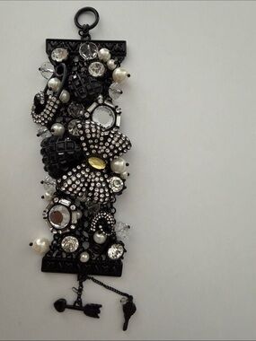 etsey Johnson "Blackout" Jet Black Flower Butterfly Skull Wide Toggle Bracelet